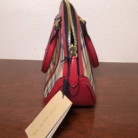 BURBERRY Horseferry Checkered Canvas and Leather Tote Bowling Bag Red/Beige - Picture 9 of 16